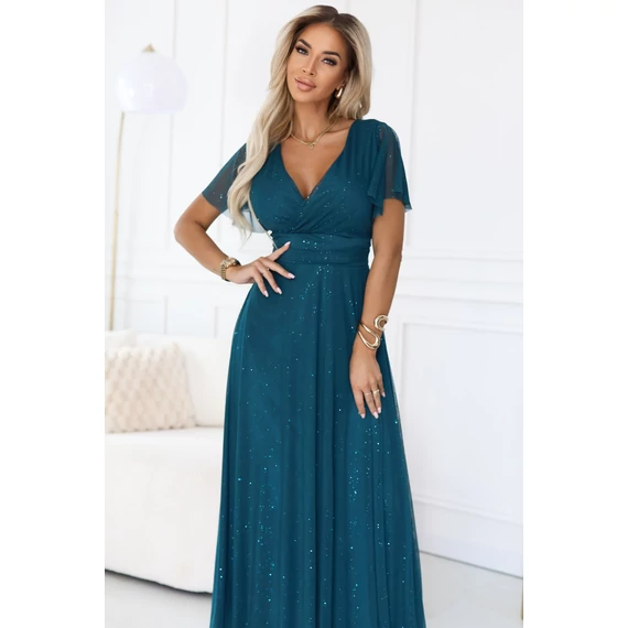 MELANIA hosszú, fényes ruha V nyakkivágással és rövid ujjall - türkizkék  színben