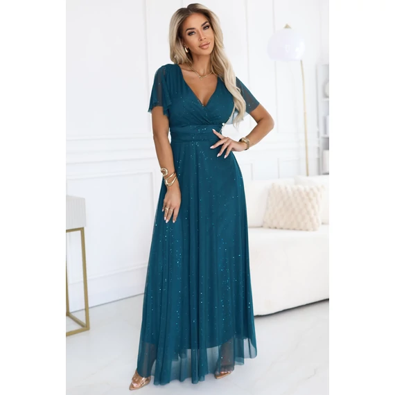 MELANIA hosszú, fényes ruha V nyakkivágással és rövid ujjall - türkizkék  színben