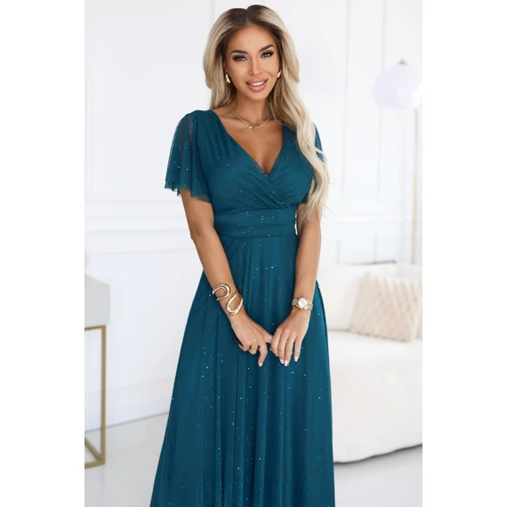 MELANIA hosszú, fényes ruha V nyakkivágással és rövid ujjall - türkizkék  színben
