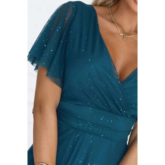 MELANIA hosszú, fényes ruha V nyakkivágással és rövid ujjall - türkizkék  színben