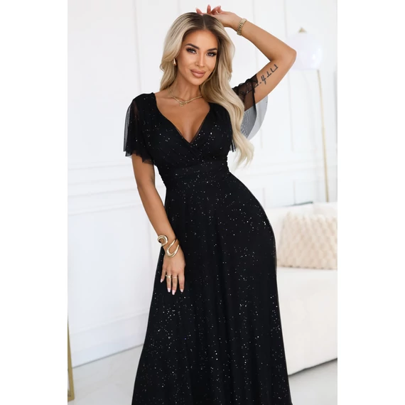 MELANIA hosszú, fényes ruha V nyakkivágással és rövid ujjall - fekete színben