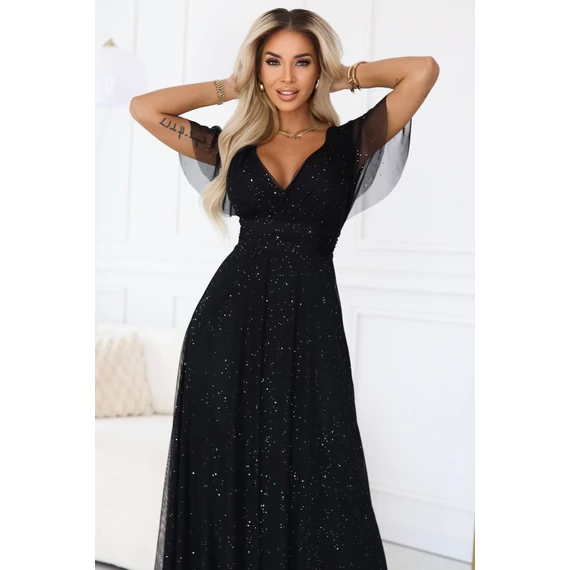 MELANIA hosszú, fényes ruha V nyakkivágással és rövid ujjall - fekete színben