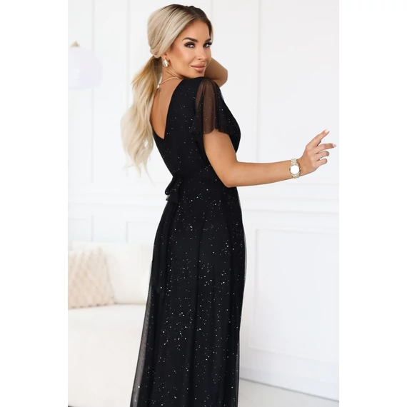 MELANIA hosszú, fényes ruha V nyakkivágással és rövid ujjall - fekete színben