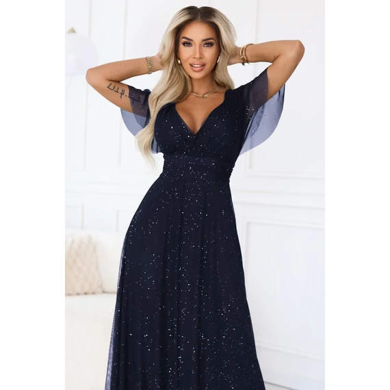 MELANIA hosszú, fényes ruha V nyakkivágással és rövid ujjall - sötétkék színben