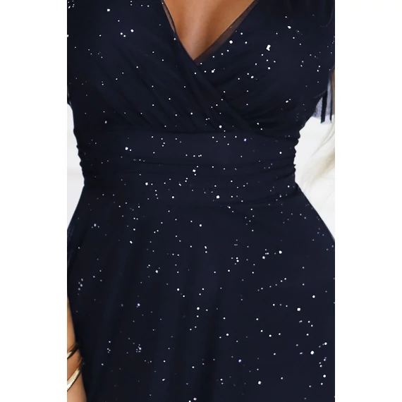 MELANIA hosszú, fényes ruha V nyakkivágással és rövid ujjall - sötétkék színben