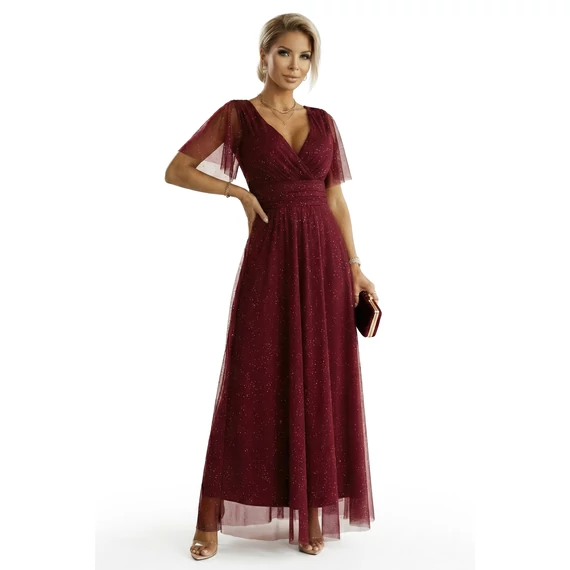 MELANIA hosszú, fényes ruha V nyakkivágással és rövid ujjall - bordó színben