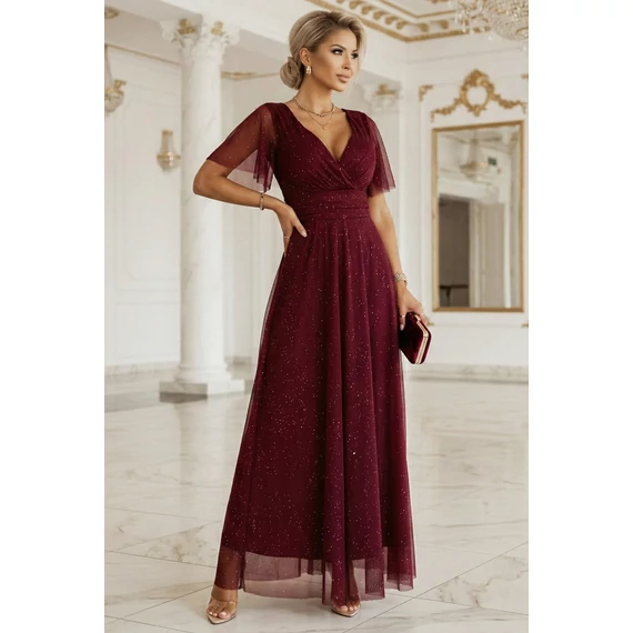 MELANIA hosszú, fényes ruha V nyakkivágással és rövid ujjall - bordó színben
