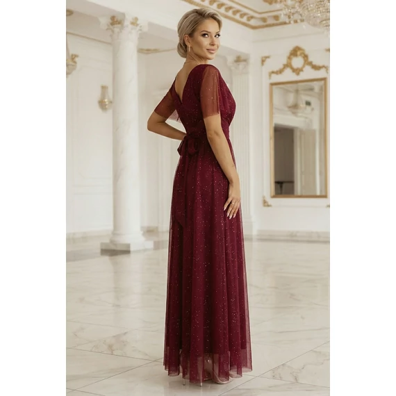 MELANIA hosszú, fényes ruha V nyakkivágással és rövid ujjall - bordó színben