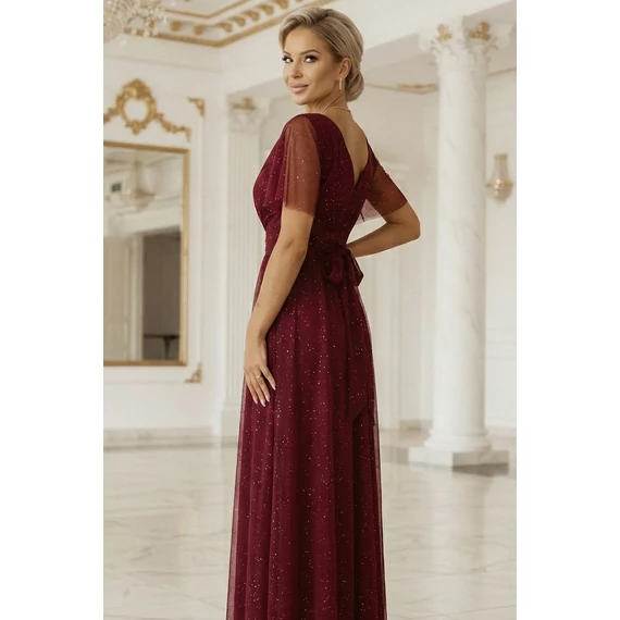 MELANIA hosszú, fényes ruha V nyakkivágással és rövid ujjall - bordó színben