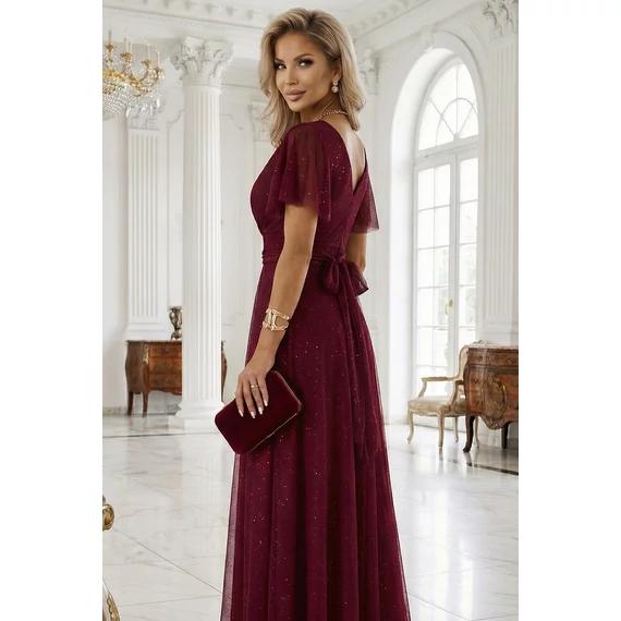 MELANIA hosszú, fényes ruha V nyakkivágással és rövid ujjall - bordó színben