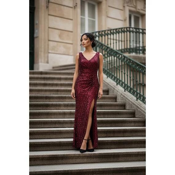 Flitteres hosszú ruha bordó színben 