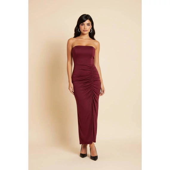 Hátul fűzős pánt nélküli  alkalmi ruha bordó színben