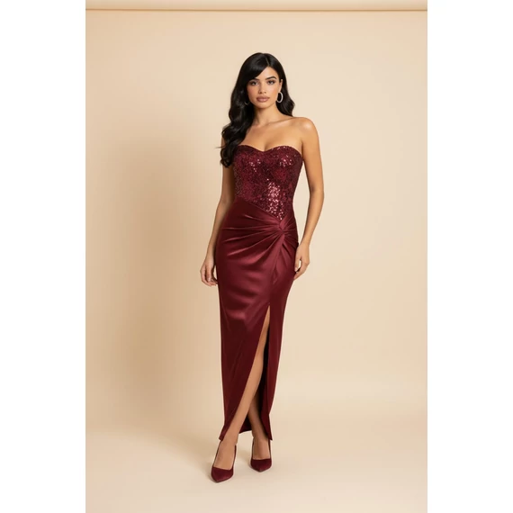 Pánt nélküli elegáns hosszú ruha bordó színben